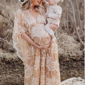 Embellished Gold Fringe Maternity Gown – One Size (Fits S–2x)
